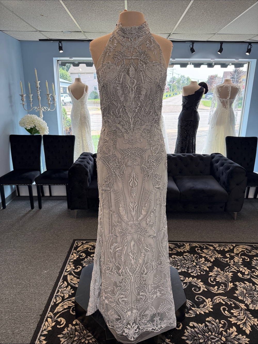 Elegant Silver Beaded Halter Evening Dress